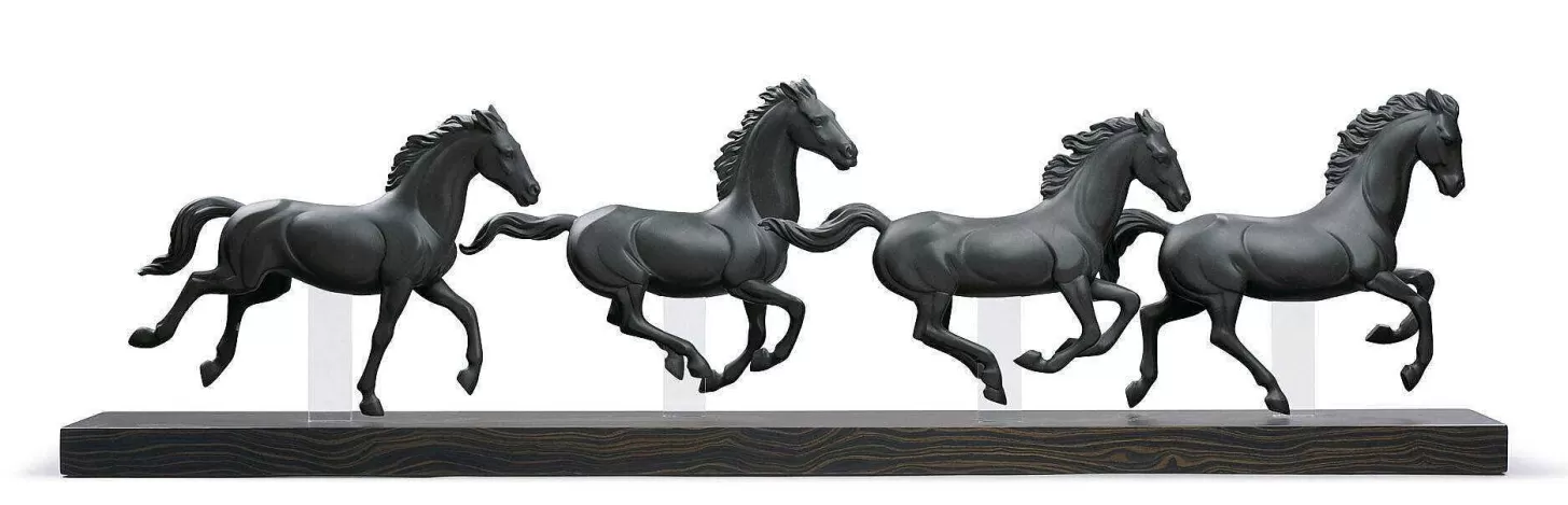 Lladró Galloping Herd Horses Figurine. Black^ Animals