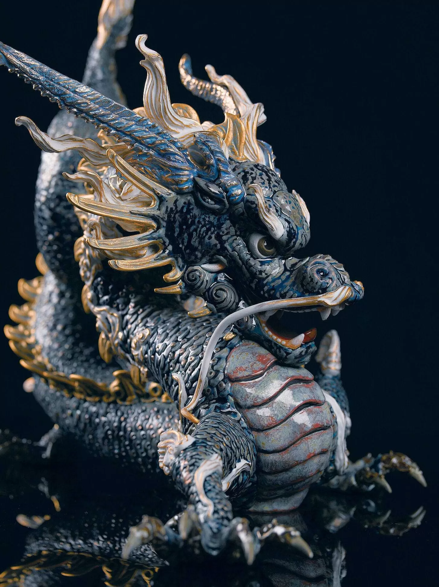 Lladró Great Dragon Sculpture. Golden Lustre And Blue. Limited Edition^ High Porcelain