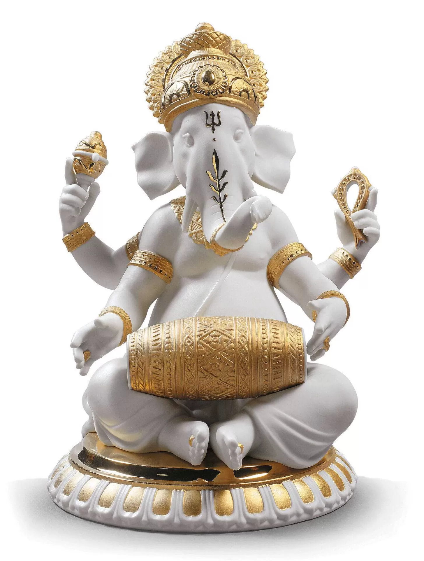 Lladró Mridangam Ganesha Figurine. Golden Lustre^ Hinduism