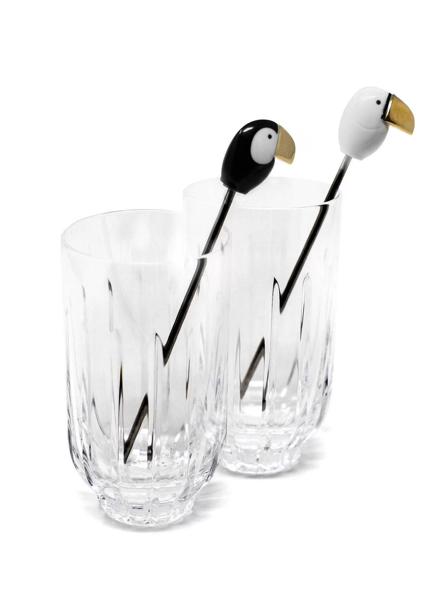 Lladró Toucan 2 Tall Crystal Glasses + 2 Stirrers Set. Golden Luster^ Gifts